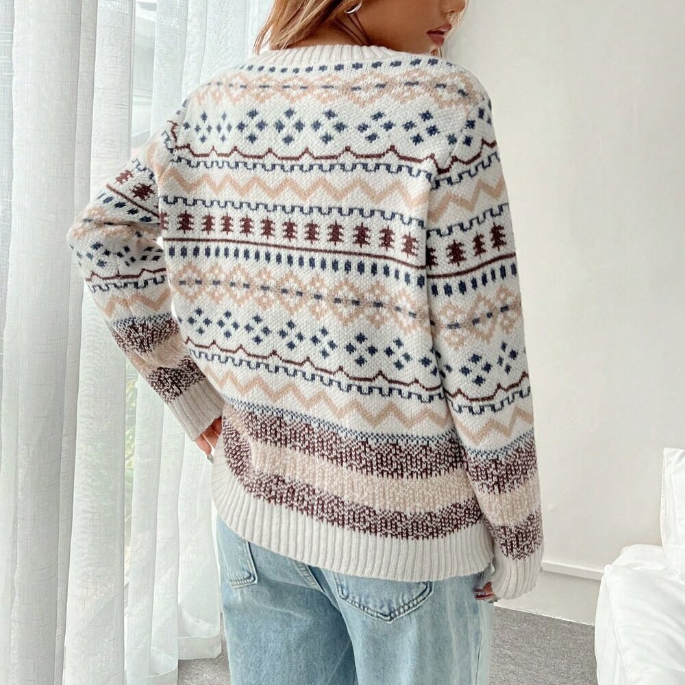 Multicolor Casual Women's Loose Fit Geometric Pattern Crew Neck Sweater - Picture 2 of 6